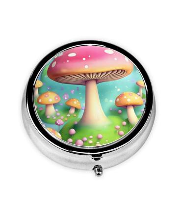 Wonderful Little Mushrooms Pill Box # Small Pill Box for Purse and Pocket Metal Round Medicine Organiser Travel 3 Compartment Pill Box.