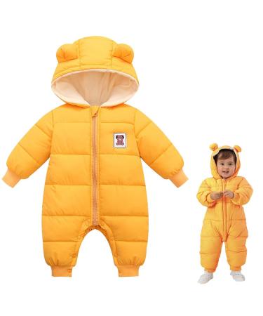 Milkiwai Baby Snowsuit Romper Cute Bear Winter Hooded Jumpsuit with Zip Boys Girls Infant Snow Wear Thick Outfits 80 Yellow