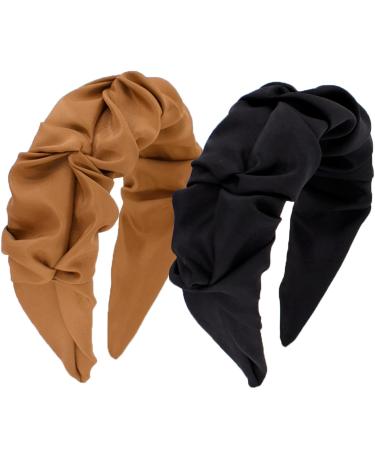 BEGOOD Knot Headband for Women Black Designer Headband Ruffled Womens Fashion Headbands Brown Ruched Top Knot Headband Hair Accessories for Girls 2Pcs Black and Brown - Buy Online on GoSupps.com
