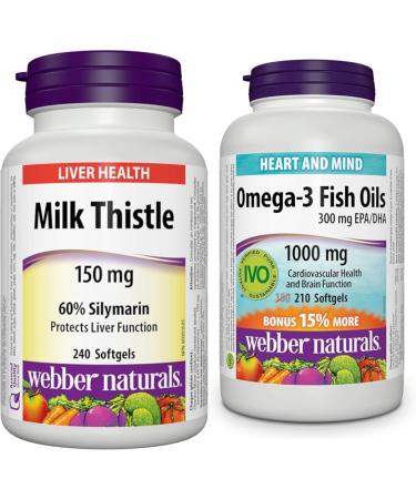 Webber Naturals Milk Thistle Extract 150 Mg 240 count & Omega-3 Fish Oil 1 000 mg 210 Softgels Supports Cardiovascular Health and Brain Function SUPPLEMENT + SUPPLEMENT 03872