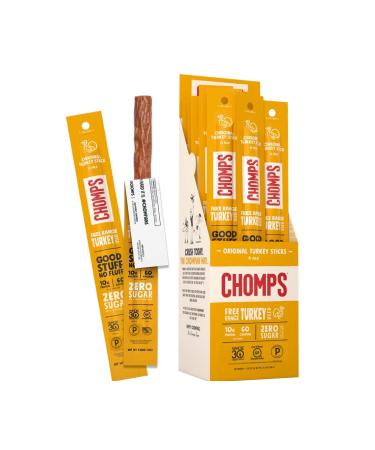Chomps Free Range Jerky Snack Sticks Keto Paleo Whole30 Approved Gluten Free Sugar Free 60 Calorie Snacks ,1.15 Ounce (Pack of 24) Original Turkey