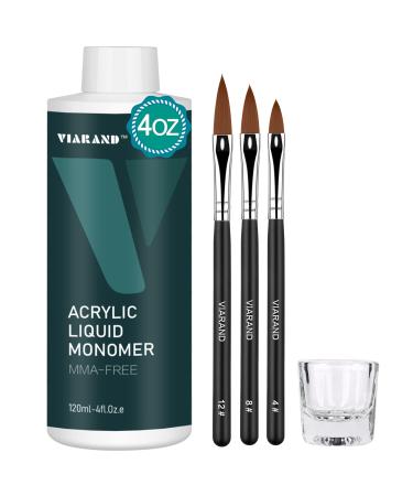 VIARAND 4Oz Monomer Acrylic Nail Liquid Set-120ml Acrylic Liqid Monomer+3pcs Acrylic Brush+Glass Cup