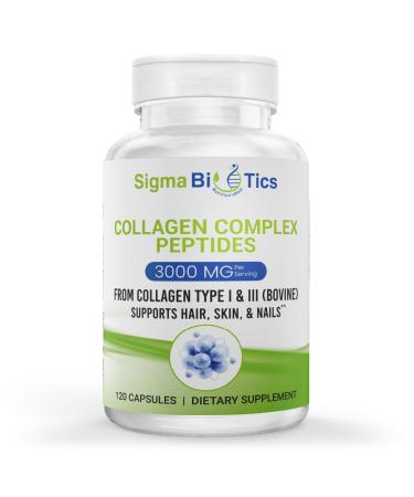 Sigma Biotics Collagen Peptides - Hydrolyzed Collagen Capsules for Hair Skin Nails and Joint Support - High-Strength Collagen Supplements with Type I & III - 3000 mg per Serving - 120 Pills