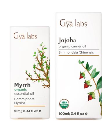 Organic Myrrh Oil for Skin (0.34 fl oz) & Jojoba Oil for Hair (3.4 fl oz) Set - Aromatherapy Grade Essential Oils Set - Gya Labs