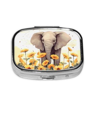 Elephant and Sunflower Printing 2 Compartment Small Pill Case Cute Small Pill Box Purse Pill Boxs Travel Pill Organizer for Pocket Purse and Travel Gifts