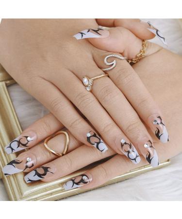 Sethexy Long Ballerina False Fingernails - French Coffin Acrylic Nails with Rhinestones | 24 Press-On Nail Tips for Women & Girls - Buy Online on GoSupps.com