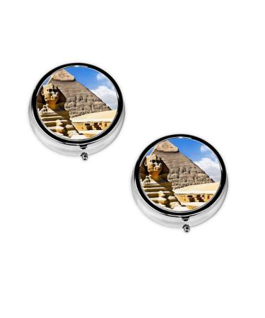 (Pyramids of Egypt) Round Pill Box 3 Compartment Pill Box Mini Decorative Pocket Purse Portable Travel Medicine Tablet Vitamin Holder Organizer Pill Case