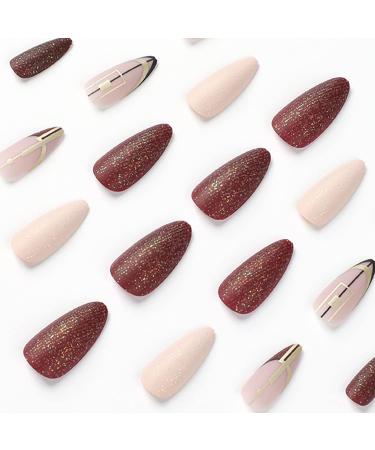 24 Pcs Almond Dark Red Press on Nails | Shiny Powder Frosted Black Line Design | Medium Length Fake Nails for Women - Buy Online on GoSupps.com