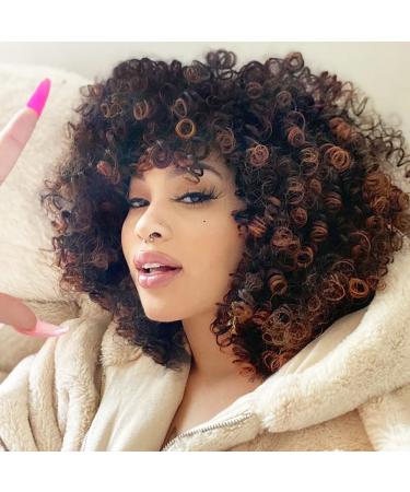 AISI HAIR Afro Curly Wig with Bangs Highlights Dark Brown Shoulder Length Wig for Black Women Synthetic Kinky Curly Full Wigs for Daily