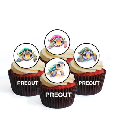 PRECUT Turtles Edible Cupcake Toppers - Cute Turtles Theme Premium Thickness SWEETENED VANILLA - wafer card disc cake decorations (Pack of 12)