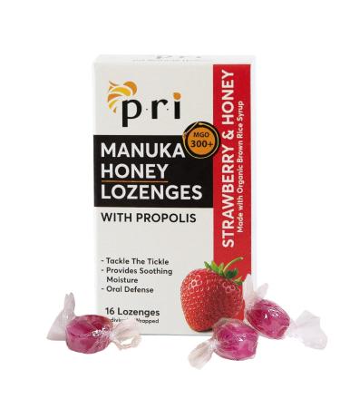 PRI Manuka Honey Lozenges with Propolis Soothing Cough and Throat Drops MGO 300+ Certified (Strawberry 16 Count) 1pk Strawberry