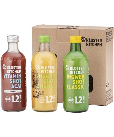 Kloster Kitchen Organic Summer Ginger Shots 3 Pack - 12SHOTS Blend - 3 x 360ml with Ginger Pieces - Vegan - 12 Shots per Bottle - No Additives & Natural Sweetness (with Deposit) - Buy Online on GoSupps.com