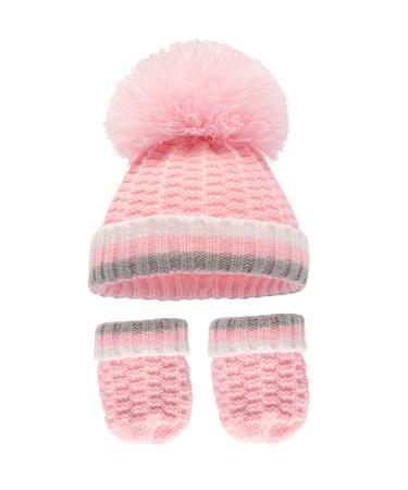 Royal Icon Baby Knitted Pom Pom Hat with Mittens Baby Boys Girls Winter Hat Mittens Set Cable Knit Single Pom Pom Bubble Hat Colours Available NB-12 Months RI6512 0-12 Months Pink/Grey - Ri648