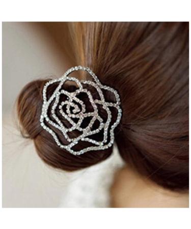 Yheakne Rhinestone Flower Hair Tie Scrunchies Silver Crystal Ponytail Holder Round Elastic Hair Band Black Rope Crystal Ponytail Holder Metal Hair Accessories for Women and Girls Gifts