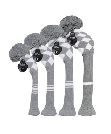 Scott Edward Knit Wood Golf Covers 4 Pieces Handmade Knitted Item Fit Over Well Driver Wood(460cc) Fairway Wood2 and Hybrid(UT) Grey White Argyles