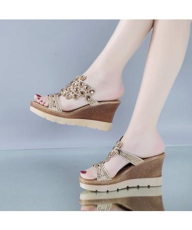 Xtzyglfd Women's Summer Sandals - Breathable Toe Shoes Rhinestone Wedges Slip-On Beach & Hiking Sandals in Beige - Size 3.5 UK - Buy Online on GoSupps.com
