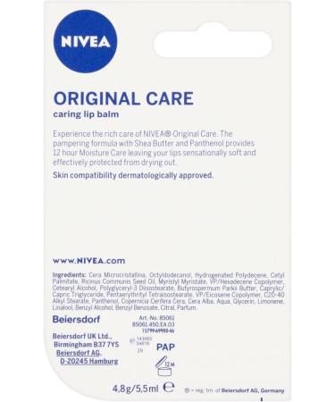 NIVEA Lip Balm Original Care (4.8g) Protective Lip Moisturiser with Shea Butter and Natural Oils Caring Lip Balm for 24h Moisture Care Melt-In Lip Care Original 1 count (Pack of 1) - Buy Online on GoSupps.com