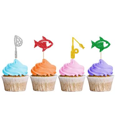 Fishing Cupcake Toppers Fish Cupcake Toppers Trammel/Fishing Net/Fishing Rod Sign Dessert Picks Fisher Fisherman Birthday Party Decoration - Green & Gold Glitter
