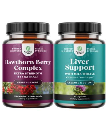 Bundle of High Strength Hawthorn Berry Capsules with Leaf & Flower Extract 4:1 for Healthy Heart & Digestion and Liver Cleanse Detox & Repair - Milk Thistle Supplement for Digestion & Immune Health