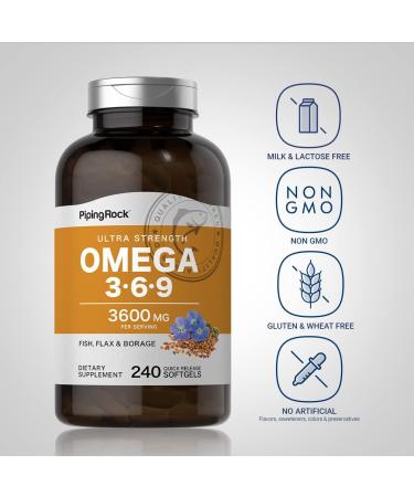 Piping Rock Omega 3 6 9 Supplements for Women and Men | 3600mg | 240 Softgel Capsules | Fish Flax Borage | Ultra Strength | Non-GMO Gluten Free - Buy Online on GoSupps.com