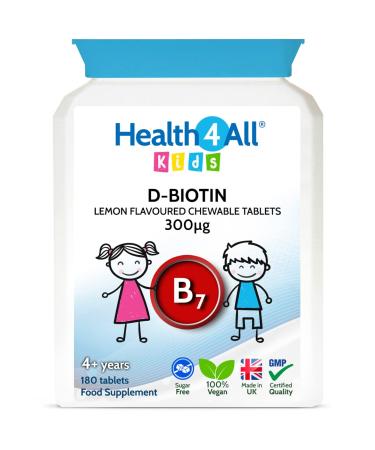 Health4All Kids D-Biotin 180 Tablets Hair Growth and Strong Nails Supplement for Children. Natural Vegan Biotin Chewable Tablets 180 count (Pack of 1)