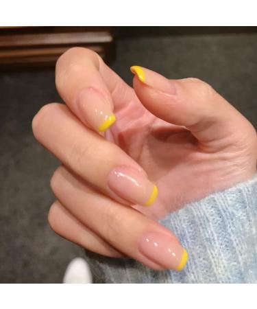 Handcess Short Shiny Square Artificial Nails - French Art Design in Yellow/Pink - 24 Press-On Nails for Women & Girls - Buy Online on GoSupps.com