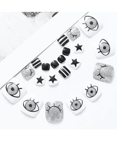 Handcess Square Glitter Fake Toenails - Short Black & White Full Cover Artificial Nail Tips for Women & Girls | 24-Hour Stick-On French Nails - Buy Online on GoSupps.com