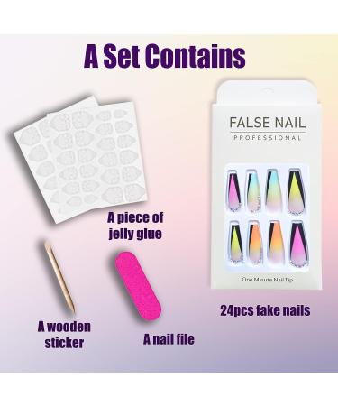 QINGGE Colorful Gradient Rhinestone Press On Nails - 24Pcs Long Coffin Fake Nails for Women - Buy Online on GoSupps.com