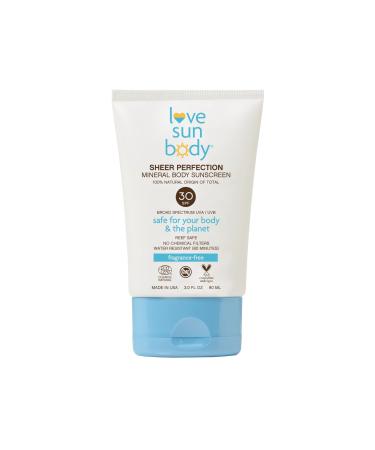 Love Sun Body 100% Natural Origin Sheer Perfection Mineral Body Sunscreen SPF 30 Broad Spectrum Fragrance-Free  Sunblock Lotion  Sensitive Skin Safe  Travel Size  Reef Safe  Cosmos Natural
