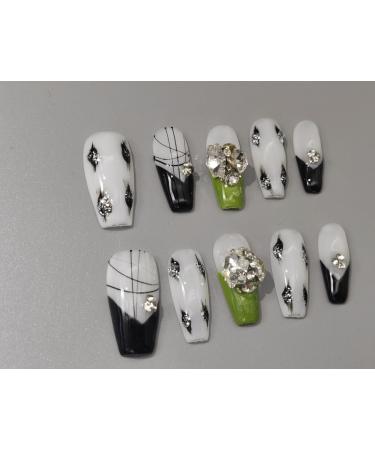 Handmade Wearing Nail Black and white explosive flash manicure Nail Patch Wearable Nail Removable reusable 10PCS 1 count (Pack of 1)