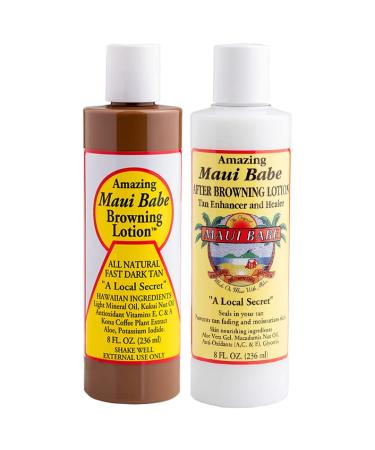 Maui Babe Browning & After Browning Lotion 8oz Deluxe Package - Outdoor Tanner & After Sun Enhancer Lotion Kit with Travel Bottle & Exfoliation Gloves - Buy Online on GoSupps.com