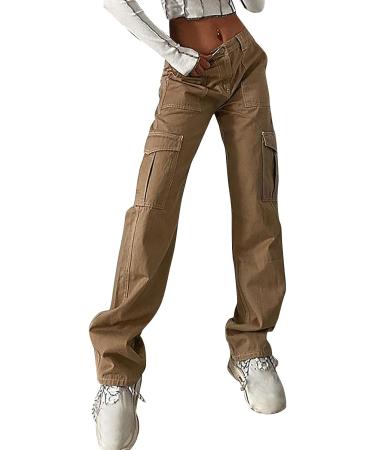 High Waist Baggy Cargo Pants | Teen Girls Women Fashion Lounge Trousers | Y2K E-Girl Streetwear Brown Medium - Buy Online on GoSupps.com
