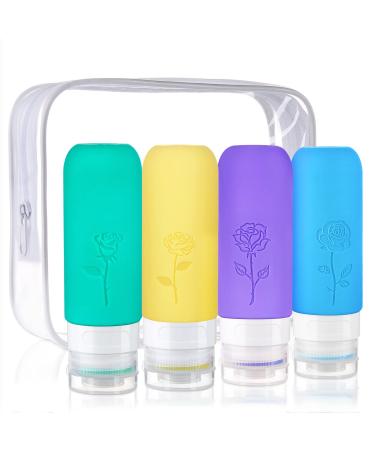 Kitchen GIMS Travel Bottles Set for Toiletries 3 oz Travel Size Bottles BPA Free Leak Proof Travel Silicone Bottles Travel Liquid Containers for Shampoo Conditioner and Lotion with Toiletry Bag C-Green/Yellow/Purple/Blue/-(flower pattern random)