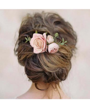 Fangsen Wedding Pink Rose Flower Hair Comb Spring Wedding Bridal Hair Accessory for Women and Girls Silver