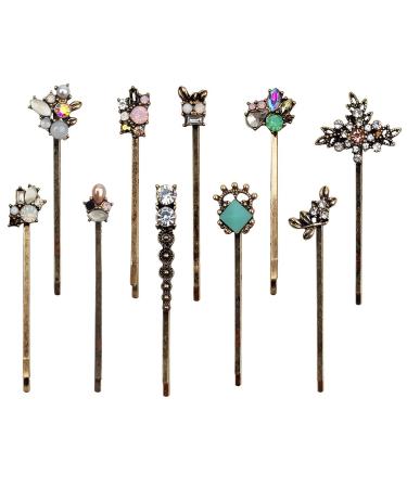 10PCS Retro Hair Pins Vintage Hair Clips Elegant Crystal Rhinestone Hairpins Metal Bobby Pins Hair Accessories for Women Ladies and Girls Headwear Styling Tools