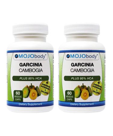 MOJObody 2PK Garcinia Cambogia Plus 95% HCA & Chromium Potassium & Calcium Supports Appetite Suppression  Reduces Stress 1400mg per Serving 60 Veggie Capsules Each Bottle