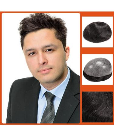 Zakya Hair System for Men Thin Skin Men's Toupee 100% Human Hair Men's Hairpieces 8x10 Inches Base Size Hair Replacement System for Men (Off Black 1B#+10% Grey Hair)