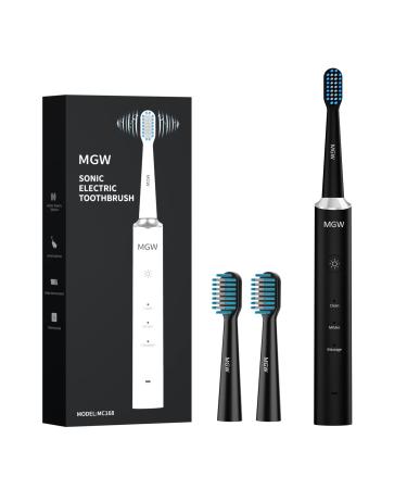MGW Electric Toothbrush for Adults  Rechargeable Sonic Electric Toothbrushes with Smart Timer  3 Modes  2 Replacement Brush Heads  IPX7 Waterproof  One Charge for 60 Days (Black) Medium Black