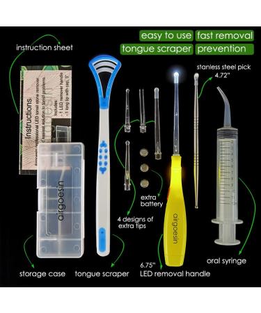 Airgoesin Professional Tonsil Stone Remover Tool with LED Light | Stainless Steel Tonsillolith Pick & Oral Care Irrigation Syringe | Yellow Tongue Cleaner Scraper - Buy Online on GoSupps.com