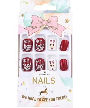 Brishow Christmas Snow Elk Press on False Nails - Red Short Square Fake Nails for Women & Girls (24pcs) - Buy Online on GoSupps.com