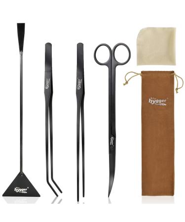 hygger Long Aquarium Aquascaping Tools Kit, Black Color Stainless Steel Premium Aquatic Plant Tweezers Scissors Spatula Kit Comes with 1 Cleaning Cloth (1 Tool Holder), for Fish Tank Starters