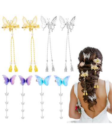 8 Pieces Tassel Butterfly Hair Clips Fabric Butterflies Hair Barrettes and Metal Hairpins with Hollow Vibratable Moving Wing Hair Pins Cute Barrettes Accessories for Girls Teens Women Tassel styles