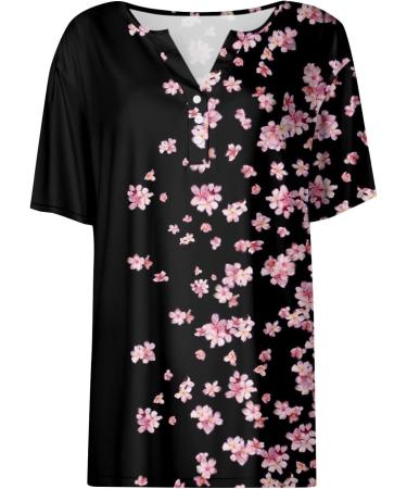Shop Women's V-Neck Henley Tunic Shirt - Floral Print & Short Sleeve Blouse | Light & Loose Fit | Festive Tops | XL Black | International Shipping - Buy Online on GoSupps.com