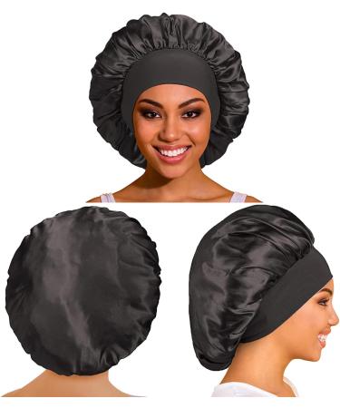 AliLeader 2Pcs Silk Hair Bonnet for Sleeping - Black+Leopard | Soft Satin Sleep Cap for Curly Hair - Buy Online on GoSupps.com