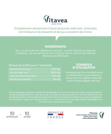 VITAVEA BIEN-ETRE - Detox Liver Wellness Elimination - Food Supplement Digestion Intestinal Comfort Drainer - Artichoke Black Radish Dandelion Lemon - 10 ampoules - Made in France - Buy Online on GoSupps.com