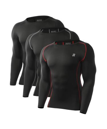 Runhit Compression Shirts for Men Long Sleeve Cool Dry Athletic Workout Tee Shirts Fishing Sun Shirts Sports Thermal Tights (3 Pack) Black/Black Red/Black Gray Large