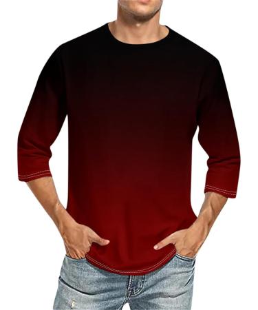 Men's 3/4 Arm Casual T-Shirt - 3D Print Round Neck Henley - Summer Rugby Shirt - Deep Red Relaxed Fit - Buy Online on GoSupps.com