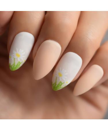 Daisy Nail Art Medium Stiletto Matte Green 24pcs