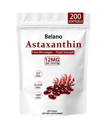 Belano Astaxanthin 12 mg 200 Softgels Natural Astaxanthin Antioxidant Supplement Clean Formula Non-GMO Verified & Gluten Free