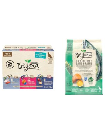 Purina Beyond Fish Wet Cat Food Variety Pack (24 Count) & Grain Free Natural Dry Cat Food Ocean Whitefish & Egg 1.36 kg Bag Cat Food + Ocean Whitefish & Egg